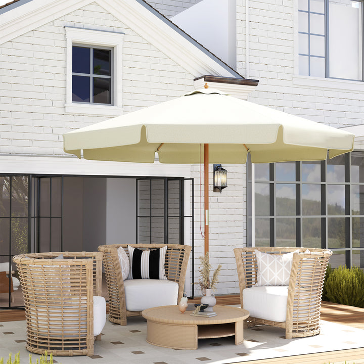Chapéu de Sol de Jardim Ø325x250 cm Chapéu de Sol de Madeira com Sistema de Polea Teto com Ventilação e 8 Hastes de Bambú para Terraço Balcão Exterior Creme
