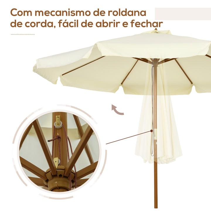Chapéu de Sol de Jardim Ø325x250 cm Chapéu de Sol de Madeira com Sistema de Polea Teto com Ventilação e 8 Hastes de Bambú para Terraço Balcão Exterior Creme