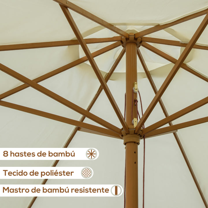 Chapéu de Sol de Jardim Ø325x250 cm Chapéu de Sol de Madeira com Sistema de Polea Teto com Ventilação e 8 Hastes de Bambú para Terraço Balcão Exterior Creme