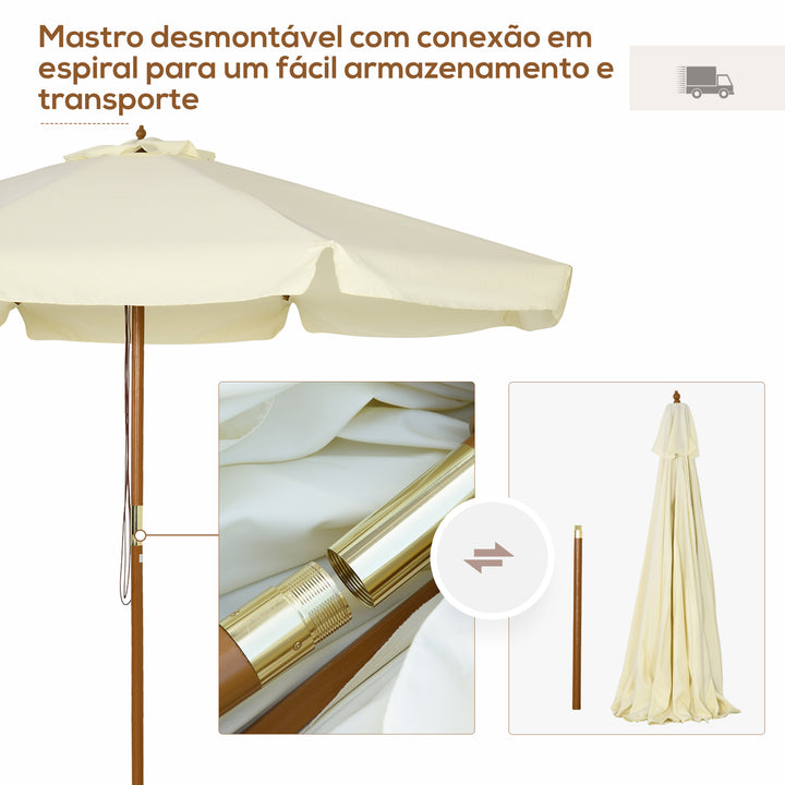Chapéu de Sol de Jardim Ø325x250 cm Chapéu de Sol de Madeira com Sistema de Polea Teto com Ventilação e 8 Hastes de Bambú para Terraço Balcão Exterior Creme