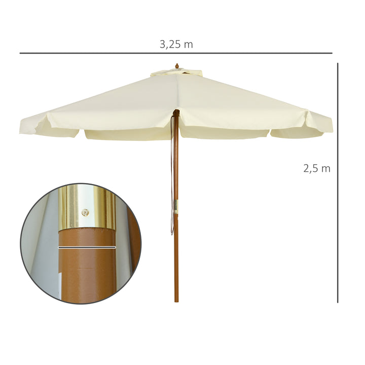 Chapéu de Sol de Jardim Ø325x250 cm Chapéu de Sol de Madeira com Sistema de Polea Teto com Ventilação e 8 Hastes de Bambú para Terraço Balcão Exterior Creme