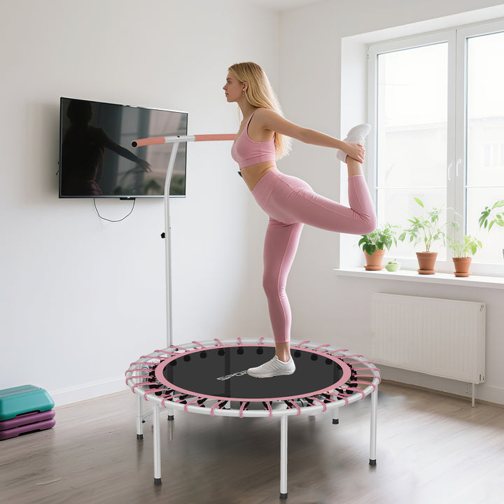 Trampolim de Fitness Adultos Ø102 cm Mini Trampolim Fitness com Pega Ajustável de 5 Níveis Estrutura em Aço para Treino de Pernas Corpo em Casa Escritório Ginásio Rosa