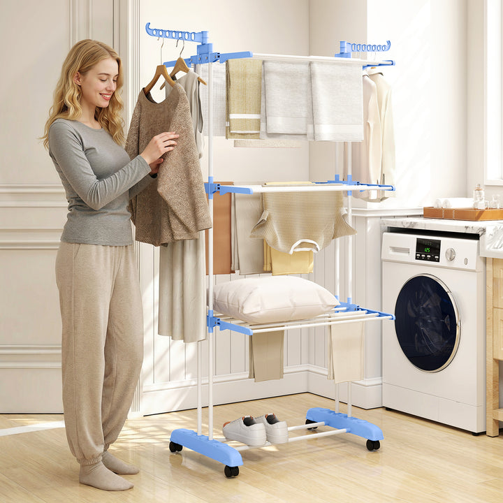 Estendal Dobrável para Roupa com Rodas Estendal Vertical de Aço com 3 Níveis Laterais Dobráveis Carga Máxima 70kg 73x64x177cm Azul e Branco