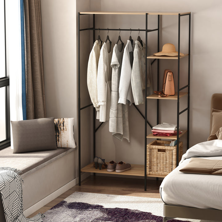 Charriot para Roupas Charriot de Madeira com 4 Prateleiras de Arrumação e Barra para Pendurar Carga Máxima 30kg para Dormitório Entrada 100x46x170,5cm Madeira e Preto