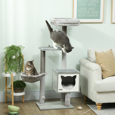 Arranhador para Gatos com Plataforma Altura 126 cm Torre de Escalar para Gatos com Rede Caverna Cama Postes de Sisal e Bolas de Brincar 48x40x126 cm Cinza