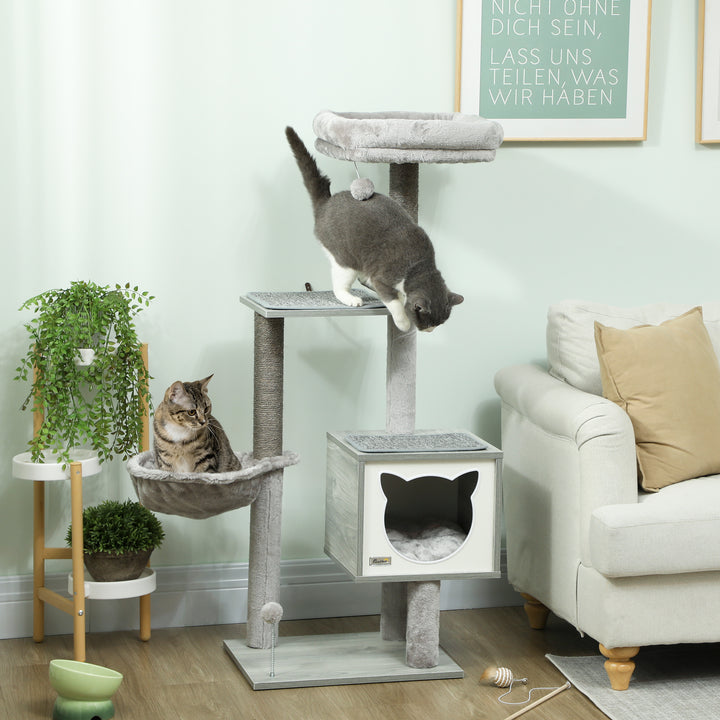 Arranhador para Gatos com Plataforma Altura 126 cm Torre de Escalar para Gatos com Rede Caverna Cama Postes de Sisal e Bolas de Brincar 48x40x126 cm Cinza