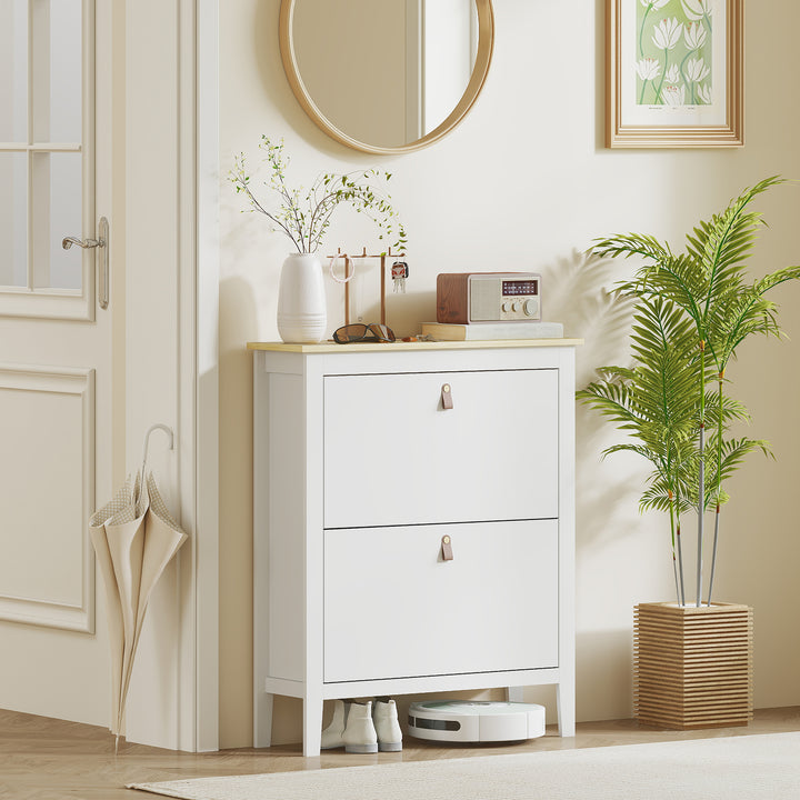 Sapateira Estreita Móvel Sapateira para Entrada com 2 Gavetas Abatíveis Prateleiras Ajustáveis e Puxadores em PU para 14 Pares de Sapatos para Corredor 80x24x95,5 cm Branco