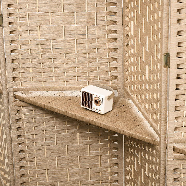 Biombo de 4 Painéis 160x170 cm Separador de Ambientes Dobrável com 2 Prateleiras de Exibição para Escritório Quarto Natural