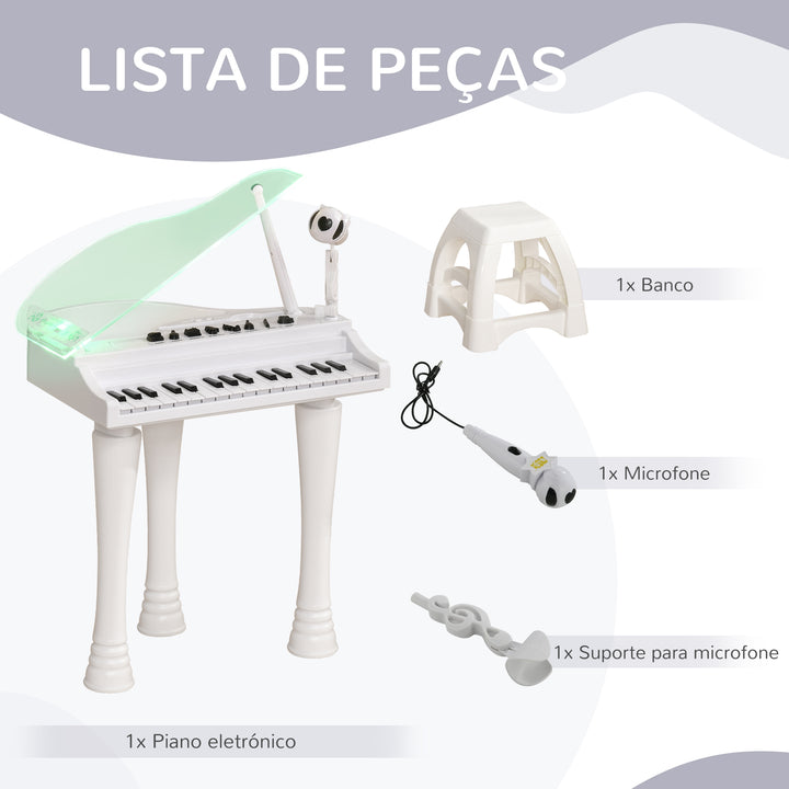 Piano Eletrónico para Crianças com 32 Teclas Piano com Microfone Banco Luzes 22 Músicas 4 Tons Pés Amovíveis e Volume Ajustável 37x30,5x60,4 cm Branco