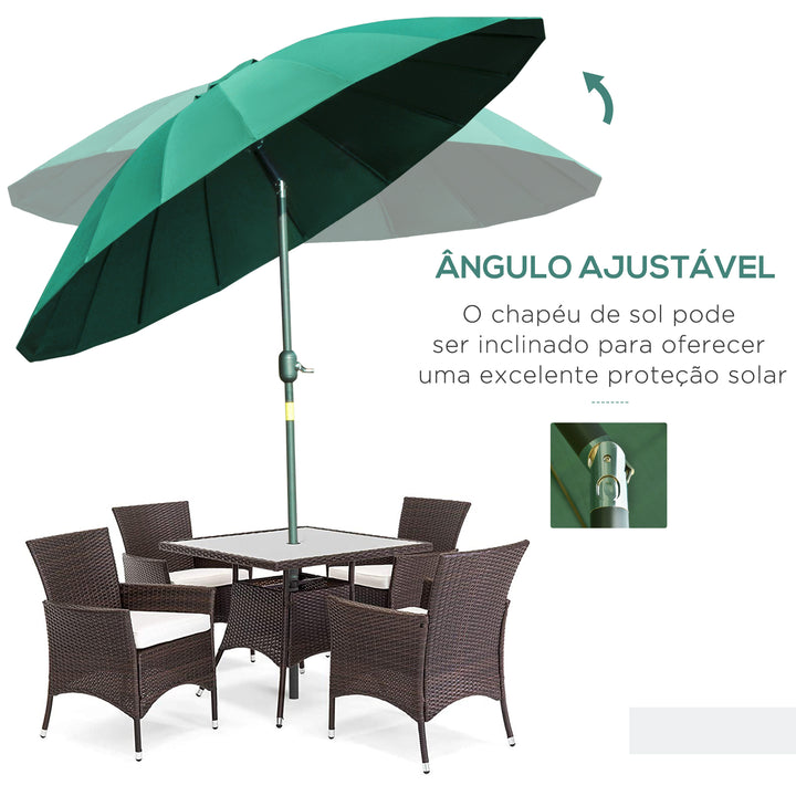 Chapéu de Sol de Jardim Ø2,5x2,4 m Chapéu de Sol de Terraço com Manivela Manual Mastro Flexível Impermeável e 18 Hates Exterior Verde