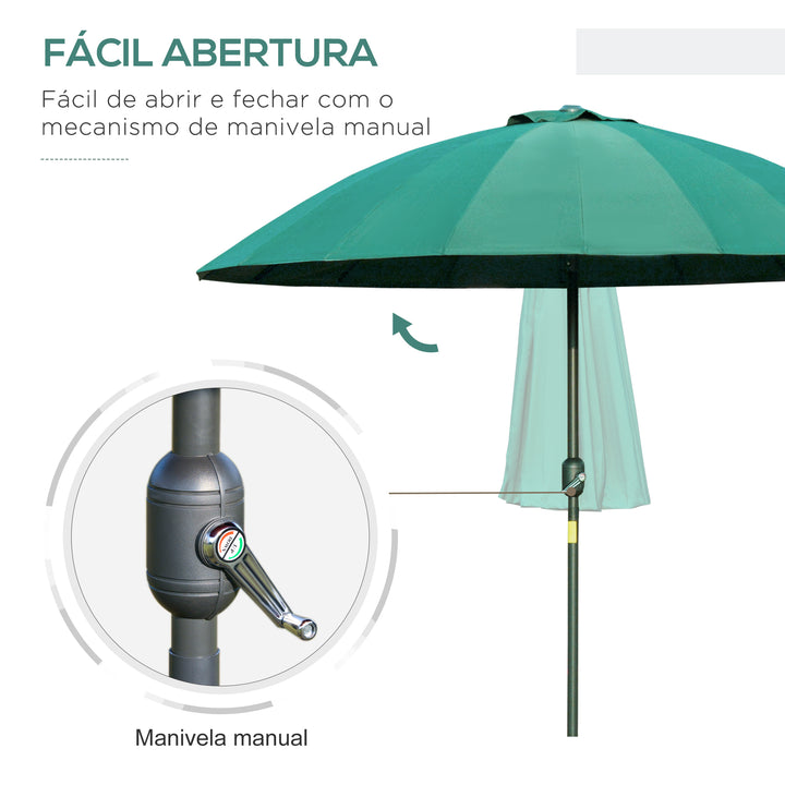 Chapéu de Sol de Jardim Ø2,5x2,4 m Chapéu de Sol de Terraço com Manivela Manual Mastro Flexível Impermeável e 18 Hates Exterior Verde