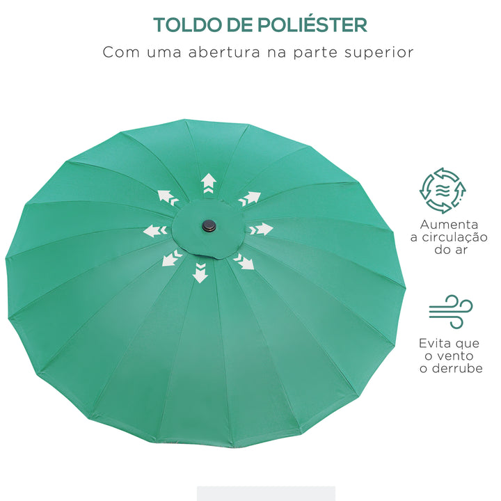 Chapéu de Sol de Jardim Ø2,5x2,4 m Chapéu de Sol de Terraço com Manivela Manual Mastro Flexível Impermeável e 18 Hates Exterior Verde