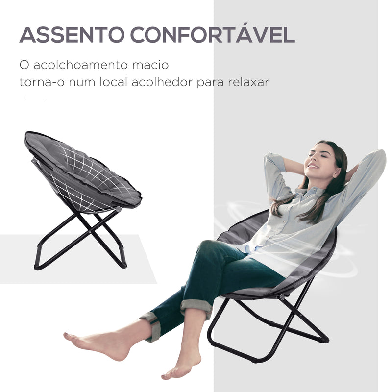 Cadeira de Lua Cadeira Redonda de Lua com Assento de Tecido Oxford e Pés de Metal Carga Máxima 120 kg para Campismo Praia Varanda Pátio 80x80x75 cm Cinza