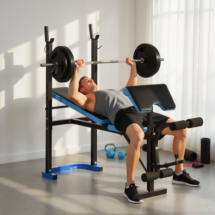Banco de Musculação Multifuncional Banco de Pesos com Suporte para Barras e Encosto Ajustável para Treino Completo de Corpo em Casa Ginásio 155x56,5x120 cm Preto e Azul