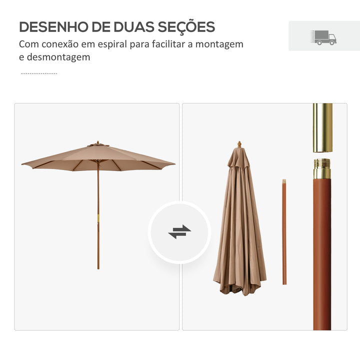 Chapéu de Sol de Jardim Ø300x250 cm com Sistema de Poleia Teto Ventilado e Mastro Desmontável de Madeira para Terraço Pátio Exterior Caqui