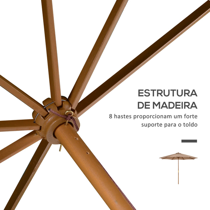 Chapéu de Sol de Jardim Ø300x250 cm com Sistema de Poleia Teto Ventilado e Mastro Desmontável de Madeira para Terraço Pátio Exterior Caqui