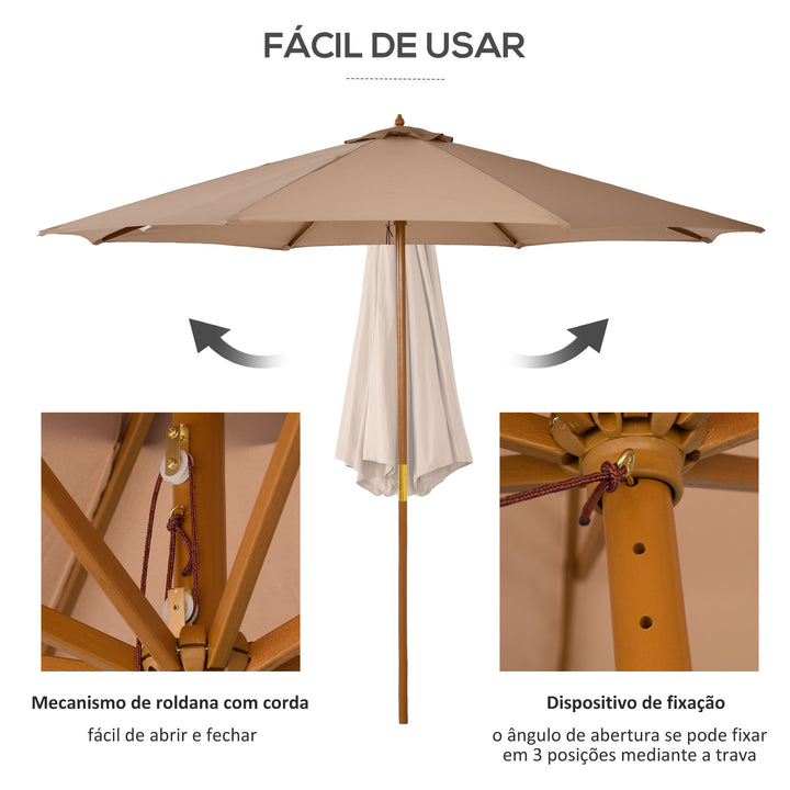 Chapéu de Sol de Jardim Ø300x250 cm com Sistema de Poleia Teto Ventilado e Mastro Desmontável de Madeira para Terraço Pátio Exterior Caqui