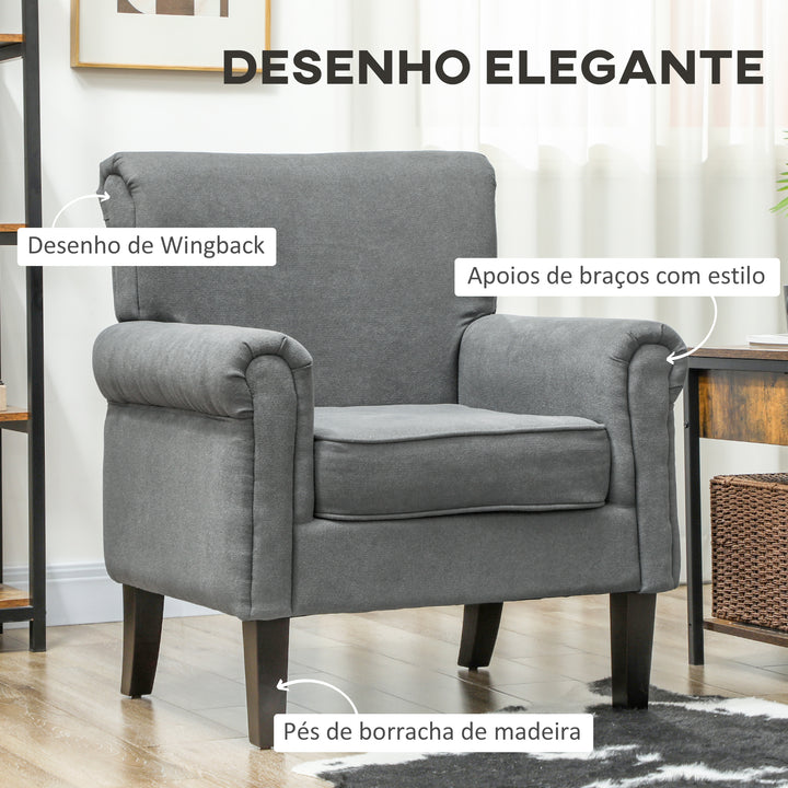 Poltrona Estofada em Tecido Poltrona Relax com Apoio para os Braços Assento Amovível e Lavável Pés de Madeira para Dormitório Estilo Moderno Carga 150kg 79x78x87 cm Cinza Escuro