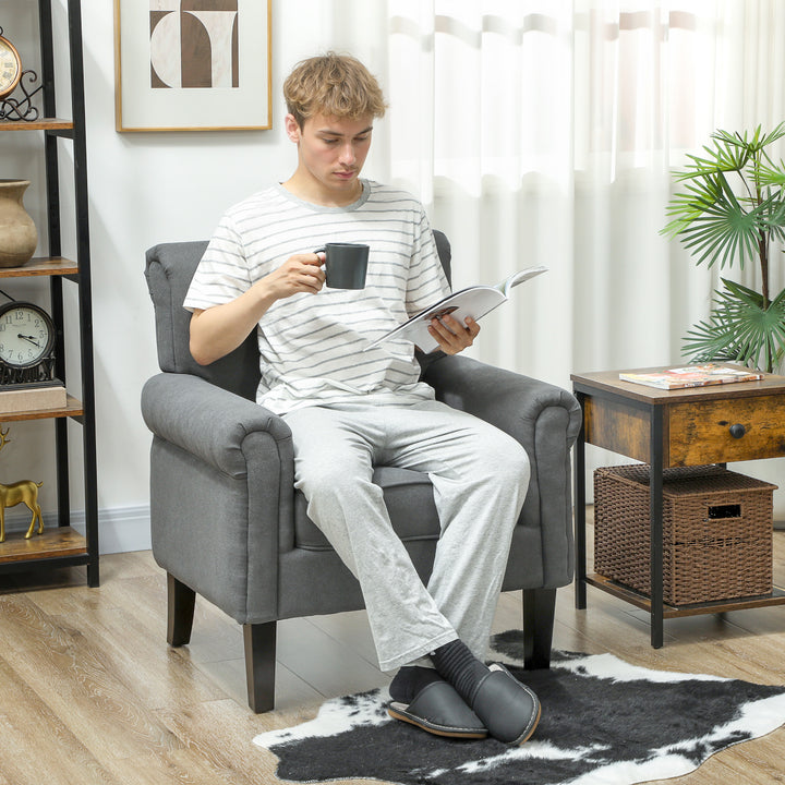Poltrona Estofada em Tecido Poltrona Relax com Apoio para os Braços Assento Amovível e Lavável Pés de Madeira para Dormitório Estilo Moderno Carga 150kg 79x78x87 cm Cinza Escuro