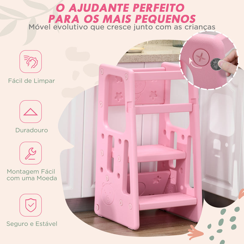 Torre de Aprendizagem para Crianças Banco Infantil com Altura Ajustável em 3 Posições e Plataforma Antiderrapante para Cozinha Sala de Jantar Casa de Banho 47x47x90cm Rosa