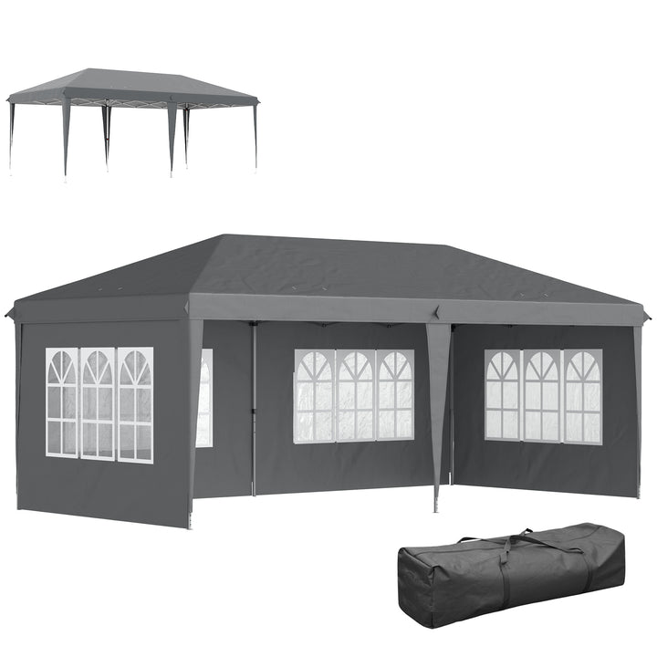Tenda Dobrável 585x295x270 cm com 4 Paredes Laterais Amovíveis Tenda de Jardim com 4 Janelas e Bolsa de Transporte para Pátio Exterior Cinzento