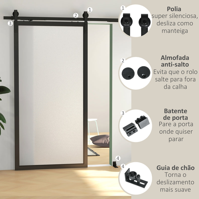 6.6FT/200cm Kit de ferragens para porta deslizante com amortecedor sem perfuração Kit de ferragens para porta deslizante com 2 trilhos para celeiro preto