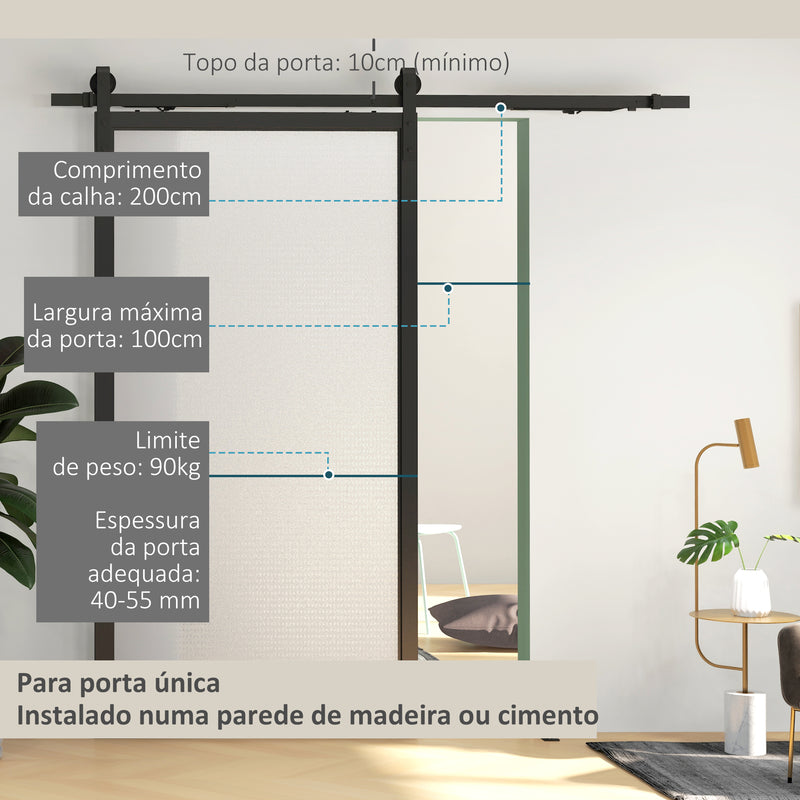 6.6FT/200cm Kit de ferragens para porta deslizante com amortecedor sem perfuração Kit de ferragens para porta deslizante com 2 trilhos para celeiro preto