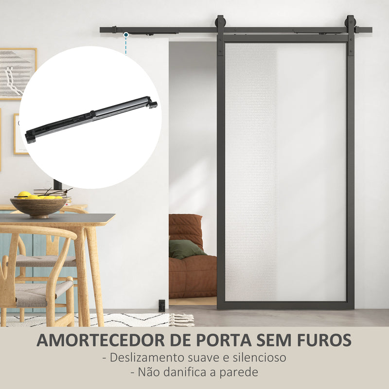 6.6FT/200cm Kit de ferragens para porta deslizante com amortecedor sem perfuração Kit de ferragens para porta deslizante com 2 trilhos para celeiro preto