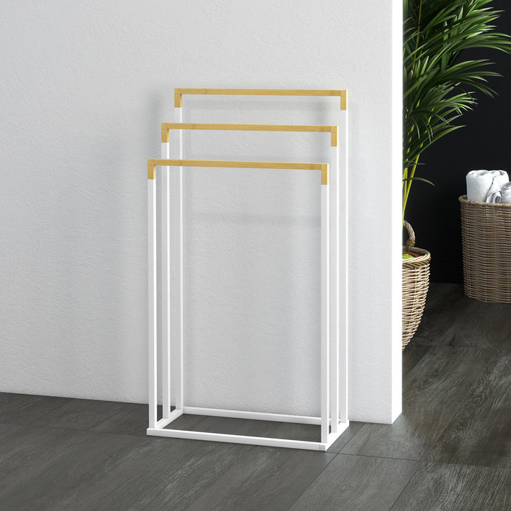 Toalheiro de Pé de 3 Níveis Toalheiro em Forma de Escada com 3 Barras de Bambu e Estrutura de Aço para Casa de Banho 45x22,5x86 cm Branco e Madeira