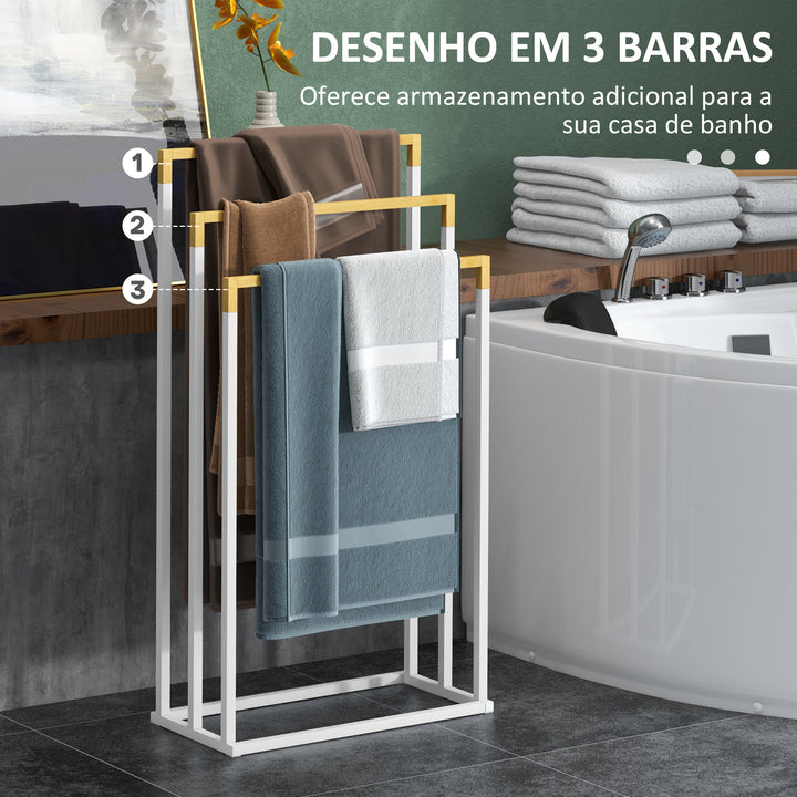 Toalheiro de Pé de 3 Níveis Toalheiro em Forma de Escada com 3 Barras de Bambu e Estrutura de Aço para Casa de Banho 45x22,5x86 cm Branco e Madeira