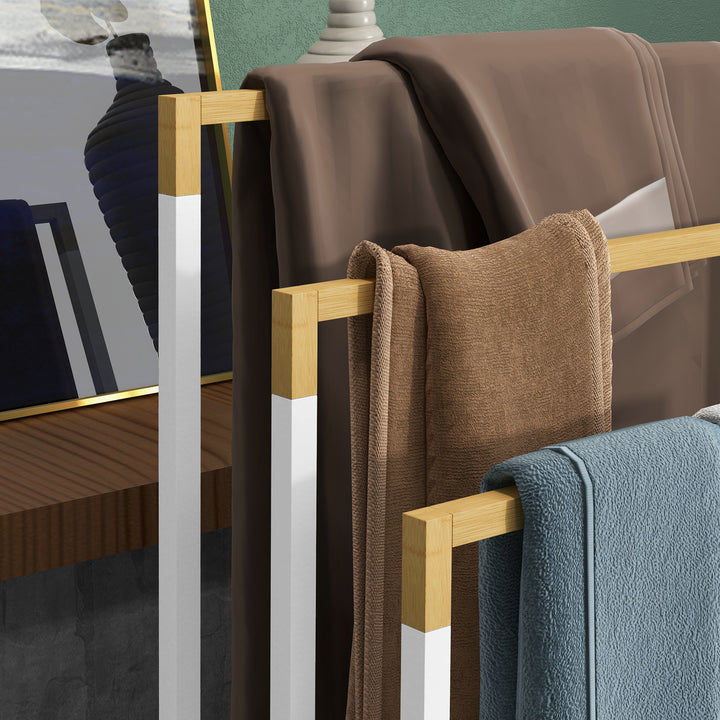 Toalheiro de Pé de 3 Níveis Toalheiro em Forma de Escada com 3 Barras de Bambu e Estrutura de Aço para Casa de Banho 45x22,5x86 cm Branco e Madeira