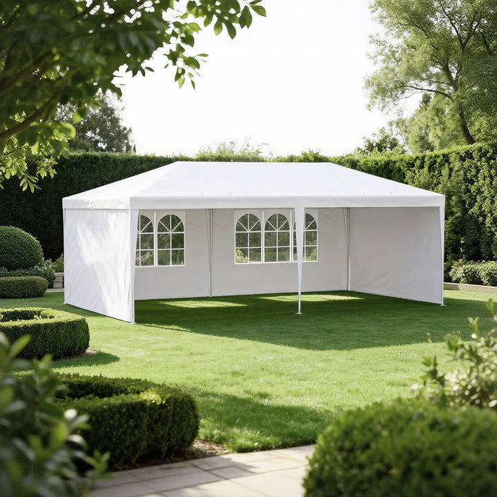 Tenda para Festas 585x295x255 cm com 4 Paredes Laterais e 2 Janelas Pérgola de Exterior com Estrutura de Aço para Festas Eventos Casamentos Branco