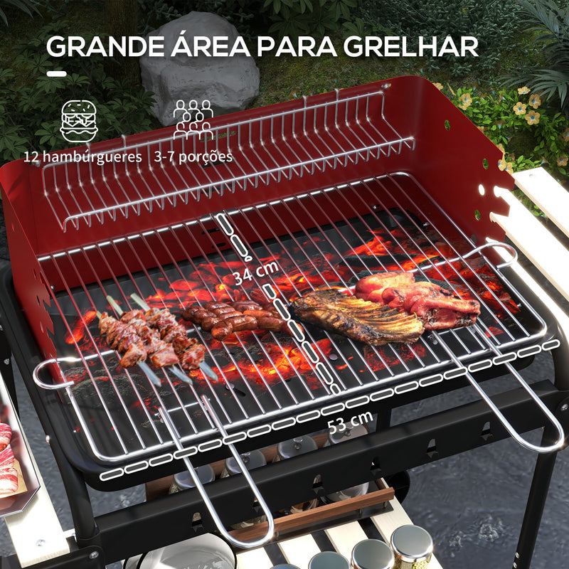 Barbecue a Carvão com Rodas Barbecue Portátil com Grelha Ajustável em Altura e Prateleiras para Piquenique Campismo 103x47x95 cm Vermelho e Preto