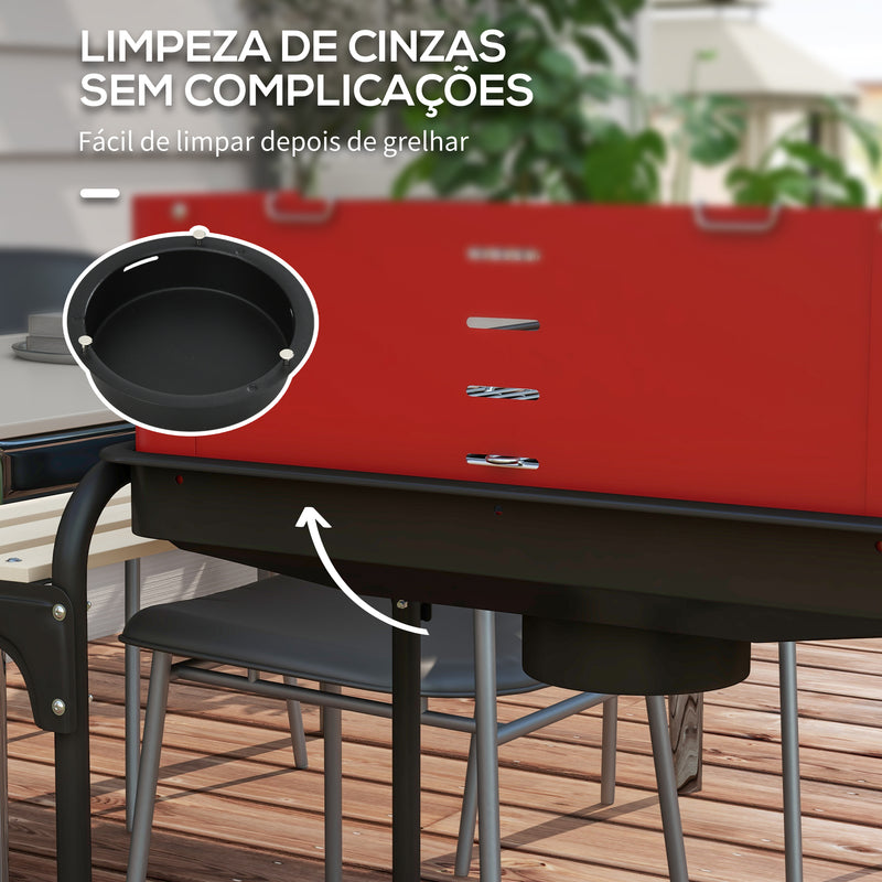 Barbecue a Carvão com Rodas Barbecue Portátil com Grelha Ajustável em Altura e Prateleiras para Piquenique Campismo 103x47x95 cm Vermelho e Preto