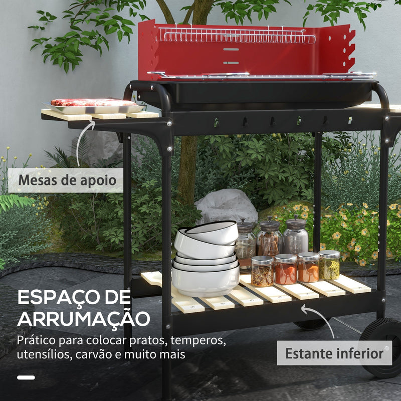 Barbecue a Carvão com Rodas Barbecue Portátil com Grelha Ajustável em Altura e Prateleiras para Piquenique Campismo 103x47x95 cm Vermelho e Preto