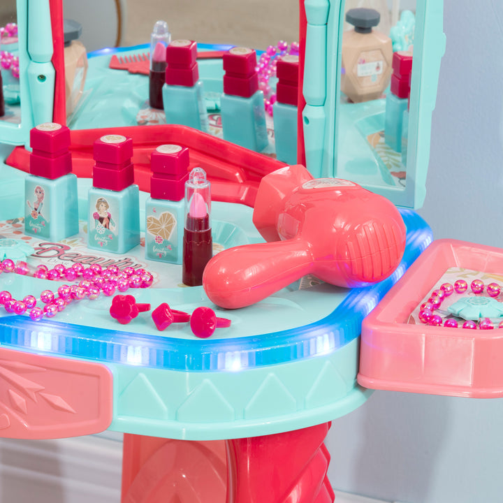 Toucador Infantil para Crianças acima de 3 Anos com Banco Espelho Luz Música e Secador Inclui 18 Acessórios Toucador de Maquilhagem 57x34x76cm Multicor