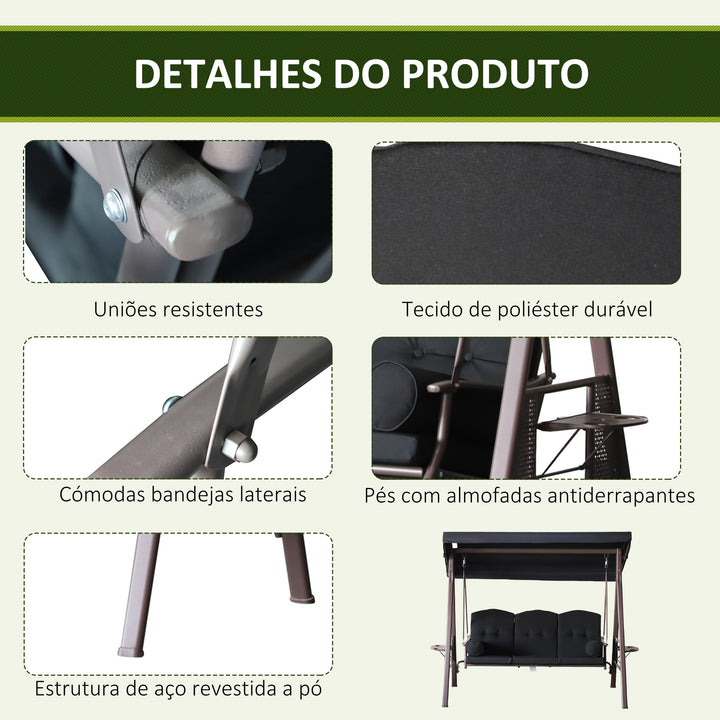 Banco Baloiço de Jardim de 3 Lugares com Teto 2 Almofadas Suporte para Bebidas e Estrutura de Metal para Terraço Balcão Exterior Carga Máxima 360kg 207x120,5x174 cm Preto