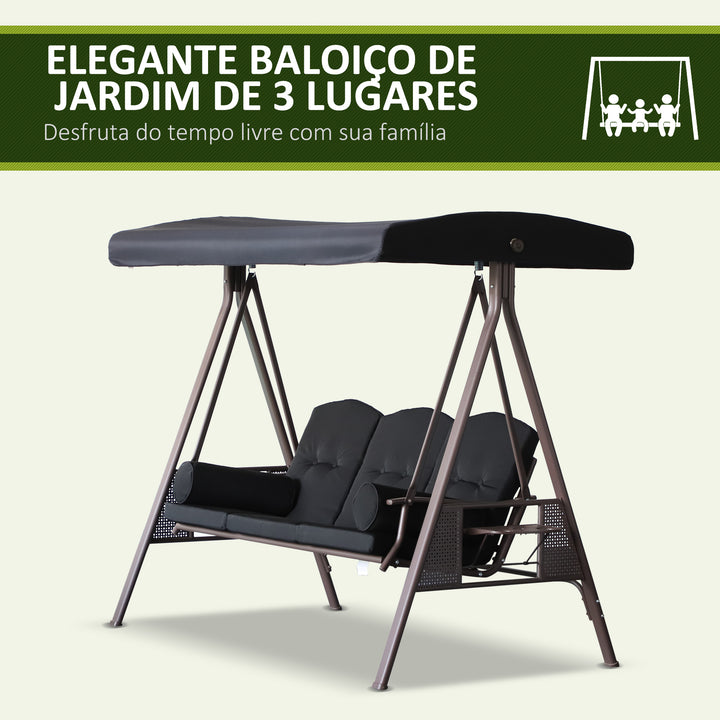 Banco Baloiço de Jardim de 3 Lugares com Teto 2 Almofadas Suporte para Bebidas e Estrutura de Metal para Terraço Balcão Exterior Carga Máxima 360kg 207x120,5x174 cm Preto