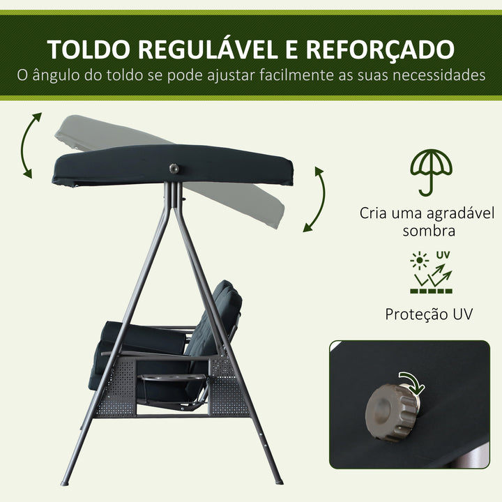 Banco Baloiço de Jardim de 3 Lugares com Teto 2 Almofadas Suporte para Bebidas e Estrutura de Metal para Terraço Balcão Exterior Carga Máxima 360kg 207x120,5x174 cm Preto