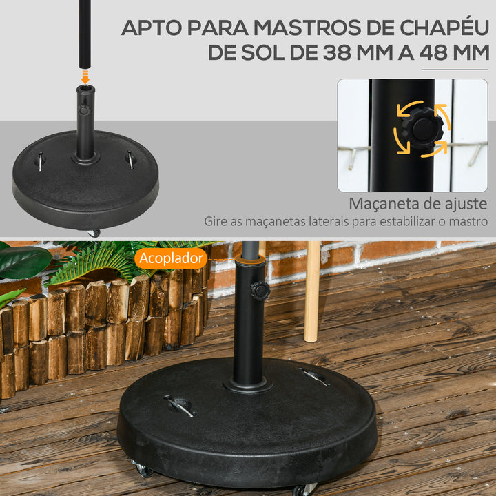 Base para Chapéu de Sol de Resina 23,5 kg com Rodas e Alça Retrátil Base para Chapéu de Sol Quadrada para Mastros de Ø32/48 mm para Jardim Varanda Pátio Ø53x41 cm Preto
