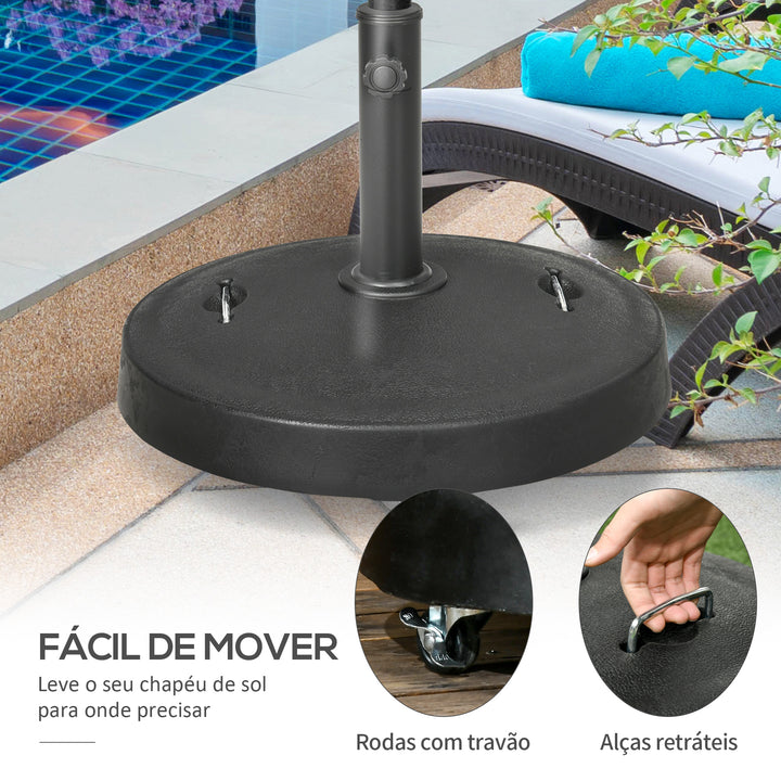 Base para Chapéu de Sol de Resina 23,5 kg com Rodas e Alça Retrátil Base para Chapéu de Sol Quadrada para Mastros de Ø32/48 mm para Jardim Varanda Pátio Ø53x41 cm Preto
