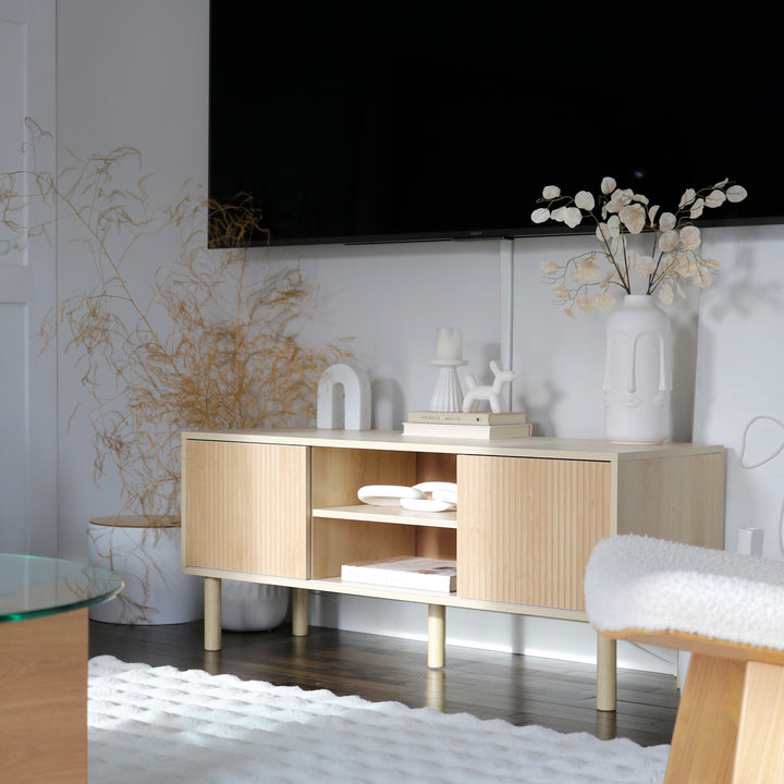 Móvel de TV Móvel para Televisão até 50 Polegadas com Portas de Correr Prateleiras Abertas e Orifícios para Cabos para Sala de Estar 115x40x49 cm Madeira