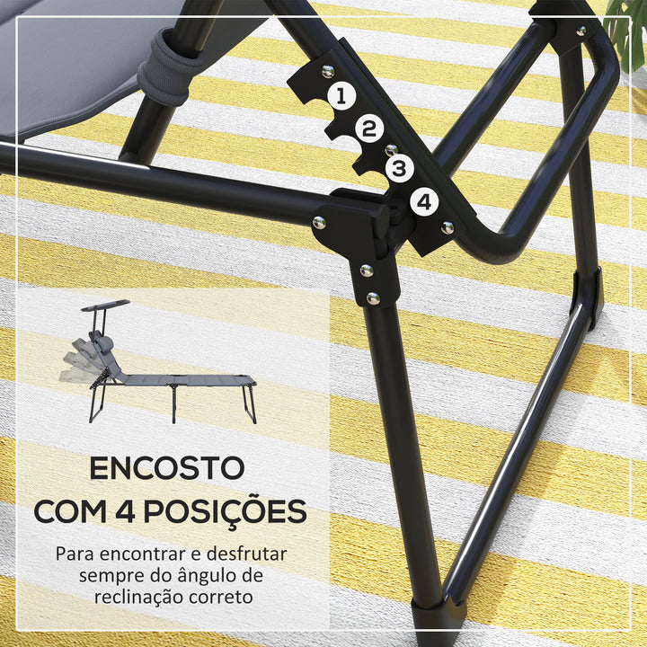 Espreguiçadeira Dobrável Espreguiçadeira de Jardim com Toldo Ajustável Encosto Regulável em 4 Níveis e Apoio de Cabeça para Jardim Terraço Piscina 70x200x45 cm Cinza
