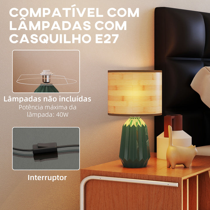 Candeeiro de Mesa com Base de Cerâmica e Ecrã de Linho Estilo Retro com Interruptor para Quarto Sala E27 40W Verde e Madeira