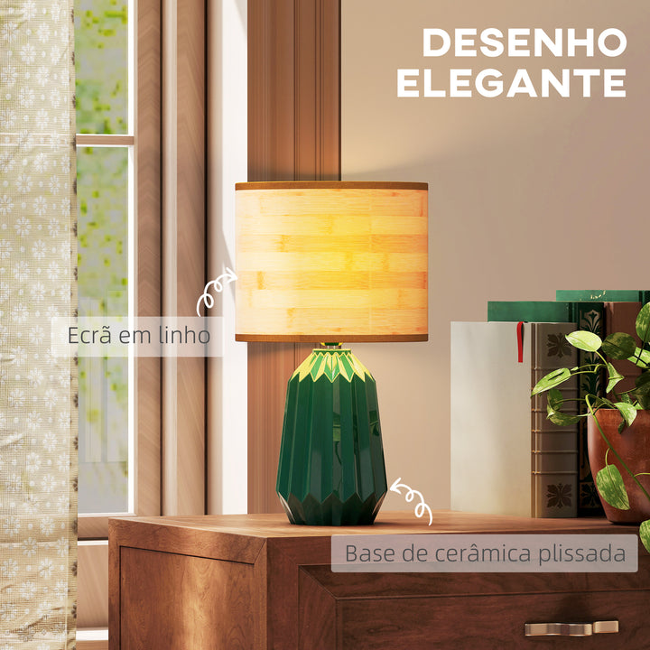 Candeeiro de Mesa com Base de Cerâmica e Ecrã de Linho Estilo Retro com Interruptor para Quarto Sala E27 40W Verde e Madeira