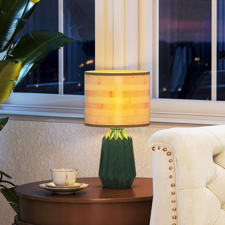 Candeeiro de Mesa com Base de Cerâmica e Ecrã de Linho Estilo Retro com Interruptor para Quarto Sala E27 40W Verde e Madeira