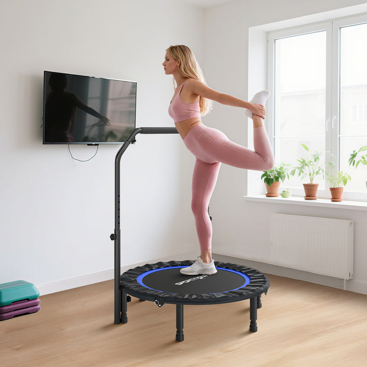 Trampolim de Fitness Ø102 cm Trampolim Dobrável com Guiador Ajustável de 4 Níveis e Bandas para Treino de Pernas e Corpo em Casa Escritório Ginásio e Exterior Carga 150 kg Azul