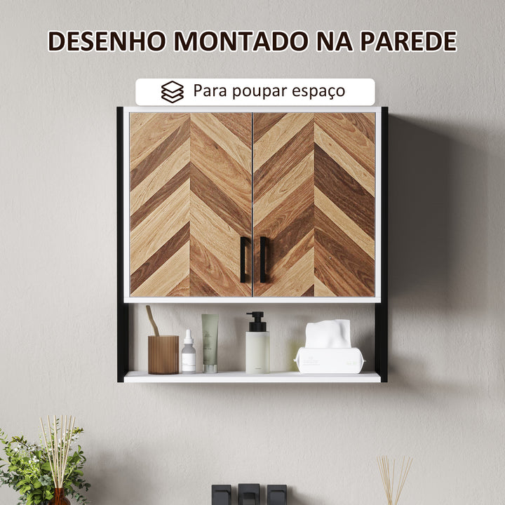 Armário de Parede para Casa de Banho Móvel Casa de Banho de Parede Armário Suspenso de Arrumação com 2 Portas Prateleiras Ajustáveis e Prateleira Aberta 59x20x60 cm Branco e Madeira