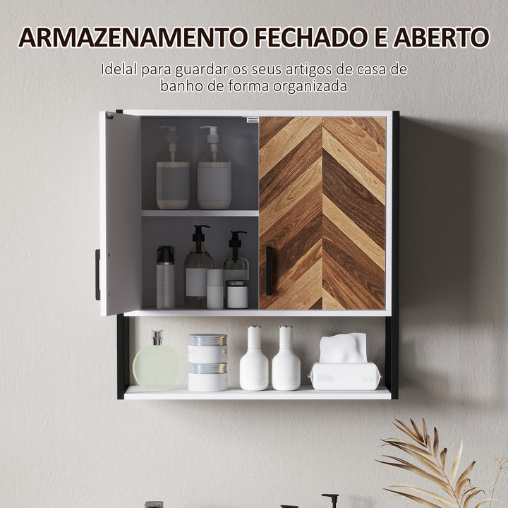 Armário de Parede para Casa de Banho Móvel Casa de Banho de Parede Armário Suspenso de Arrumação com 2 Portas Prateleiras Ajustáveis e Prateleira Aberta 59x20x60 cm Branco e Madeira