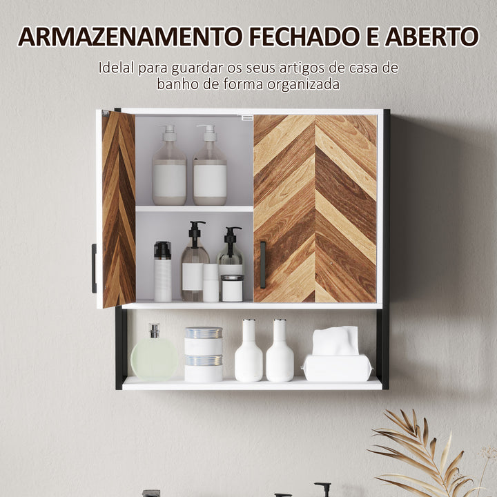 Armário de Parede para Casa de Banho Móvel Casa de Banho de Parede Armário Suspenso de Arrumação com 2 Portas Prateleiras Ajustáveis e Prateleira Aberta 59x20x60 cm Branco e Madeira